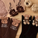 Polyester Elastane Cartoon Bear Pattern Mid Tube Socks 3 Pairs