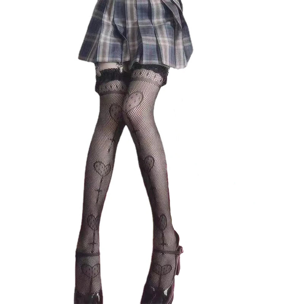 Heart Pattern Fishnet Over The Knee Stockings