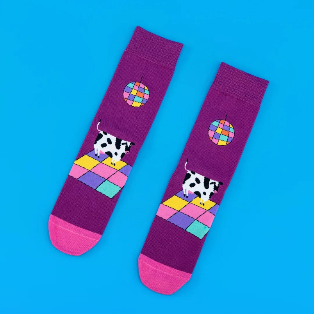 Cotton Blend Disco Cow Pattern Crew Socks - 7