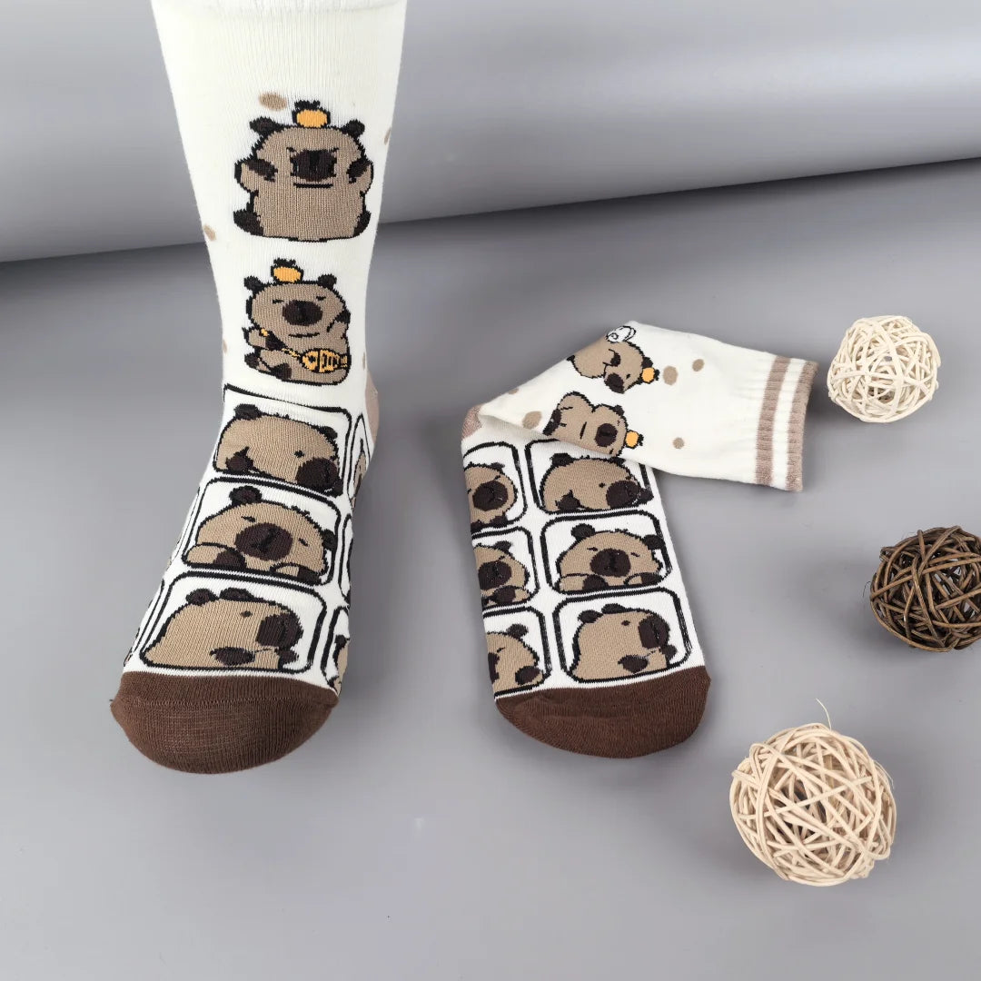 Cotton Blend Capybara Pattern Mid Calf Socks for Women