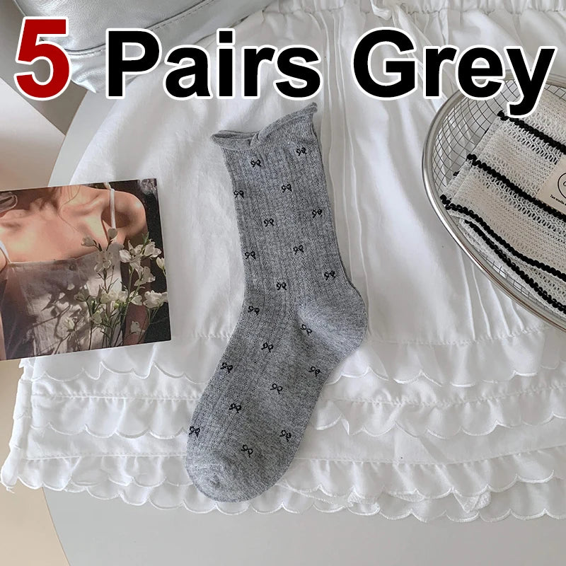 Polyester Spandex Bow Pattern Mid Tube Breathable Casual Socks - 23