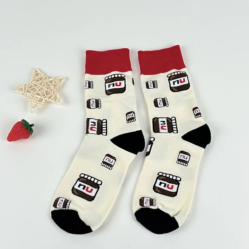 Cotton Blend Nutella Jar Pattern Mid Calf Socks - 3
