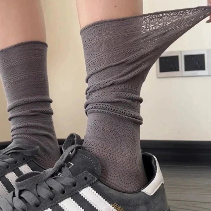Lace Trimmed Polyester Elastane Casual Mid Tube Socks