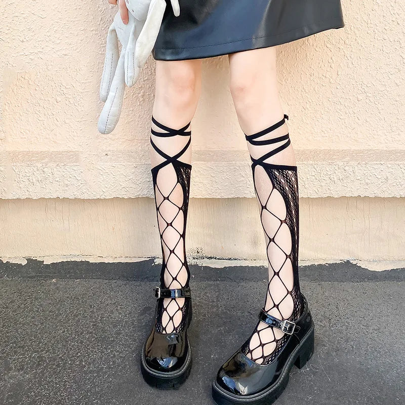 Floral Lace Mesh Stockings With Ribbon Ties