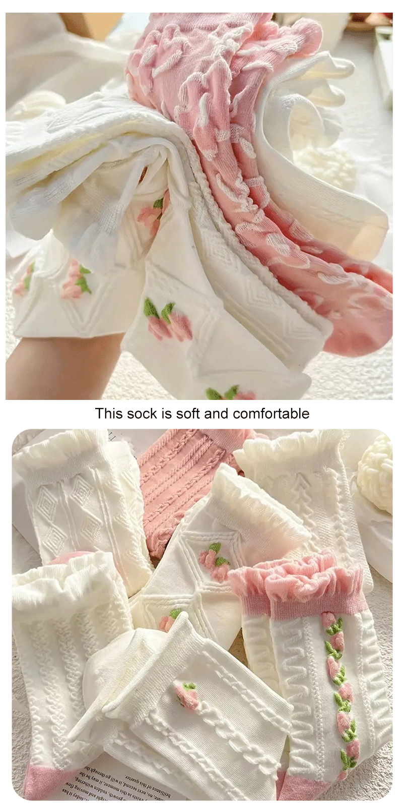 Ruffled Floral Mid Tube Polyester Women Socks 5 Pairs