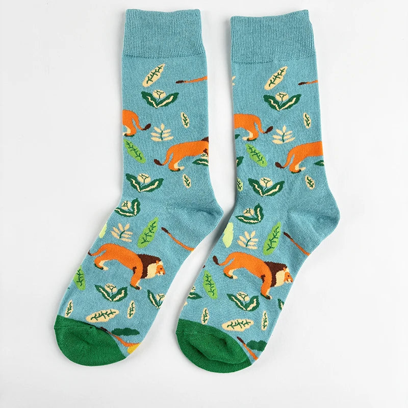 Cotton Blend Lion Print Mid Calf Casual Socks - 6