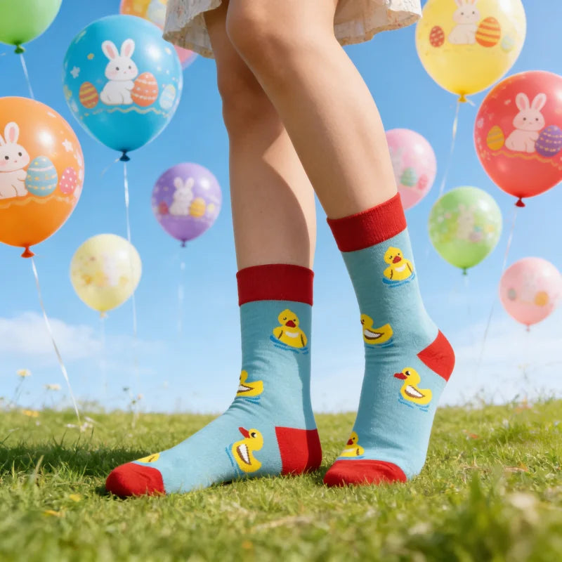 Cotton Blend Yellow Duck Pattern Casual Mid Calf Socks - 1