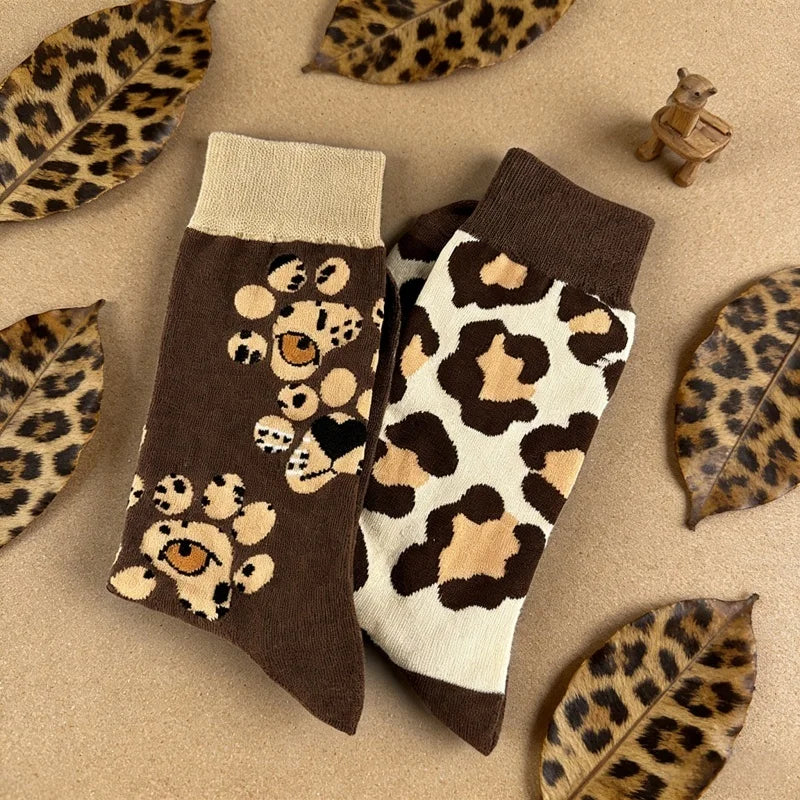 Leopard Print Cotton Blend Mid Calf Socks - 1