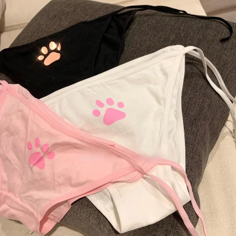 Cotton Cat Paw Print Tie Side Low Rise Panties - 3