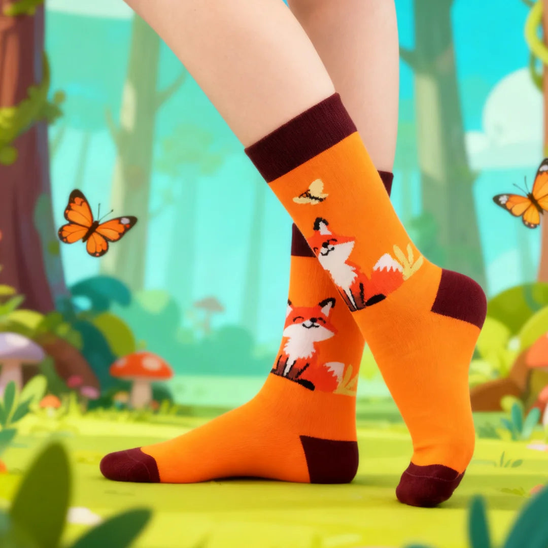 Cotton Blend Unisex Crew Fox Print Socks