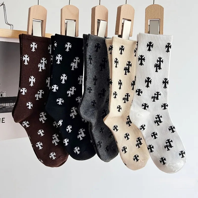 Cotton Cross Pattern Unisex Mid Tube Casual Socks - 1