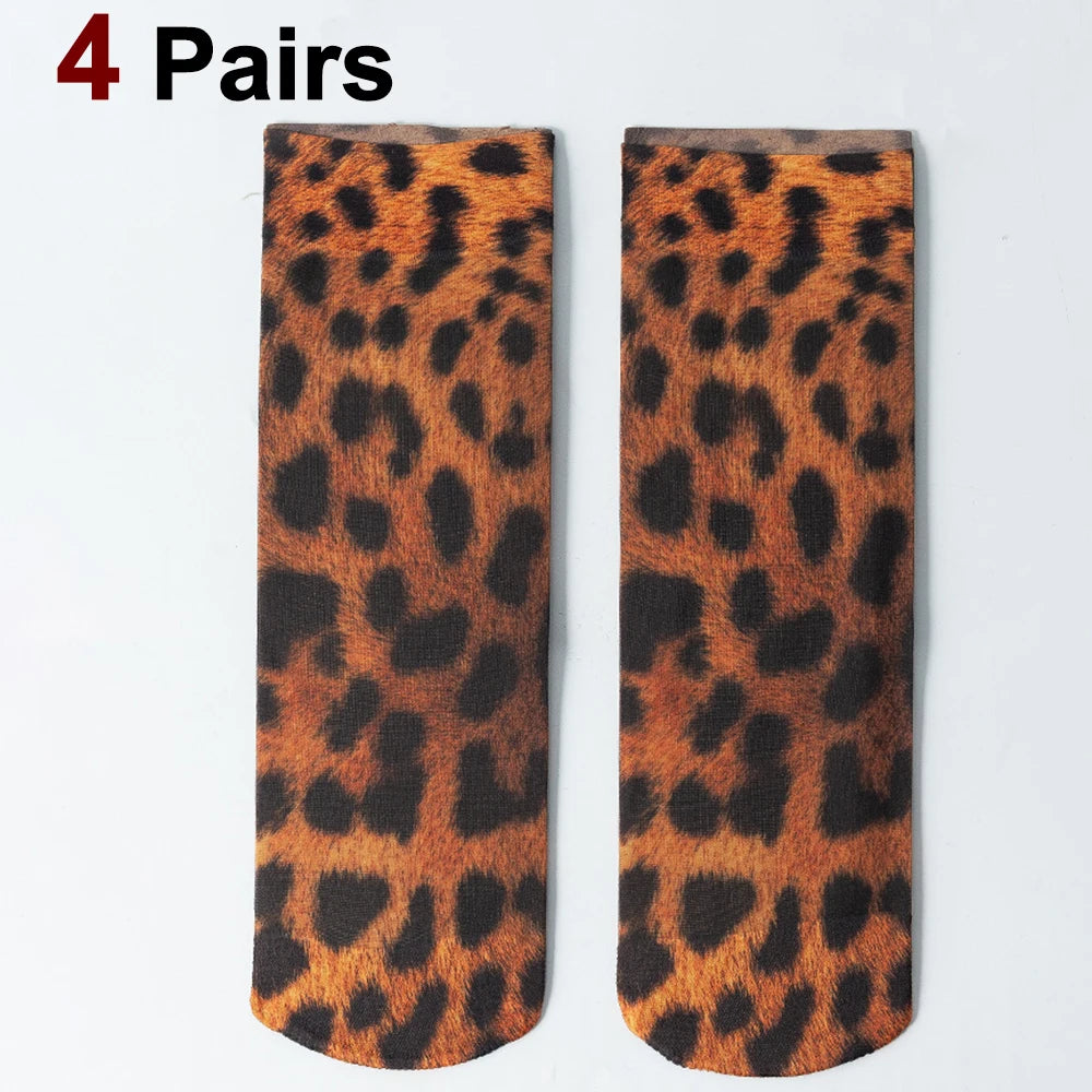 4 Pairs Womens Nylon Elastane Leopard Print Casual Socks - 20