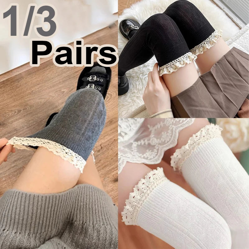 Polyester Elastane Lace Trim Over Knee Lolita Socks