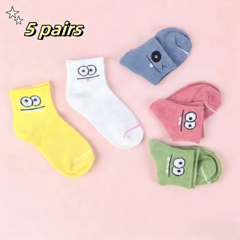 Polyester Elastane Cartoon Face Mid Calf Socks 5 Pairs