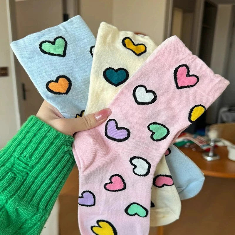 Polyester Elastane Heart Pattern Women Casual Crew Socks 5 Pairs