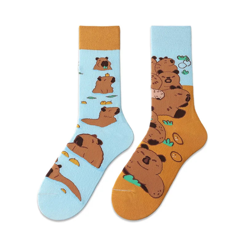 Cotton Blend Capybara Animal Print Mid Calf Crew Socks - 5