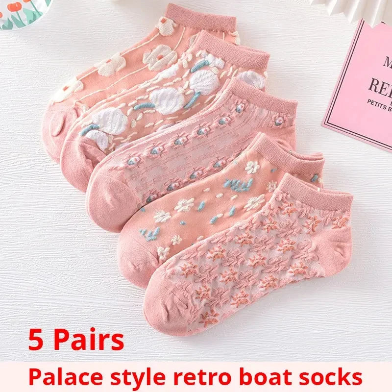 Floral Polyester Low Cut Ankle Socks For Women 5 Pairs - 1
