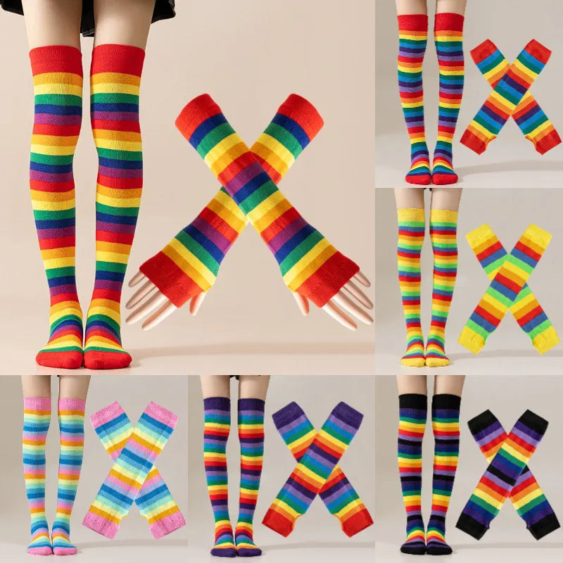 Striped Polyester Thigh High Socks and Arm Warmer Set - 1