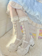Nylon Lolita Lace Ruffle Knee High Socks with Bows