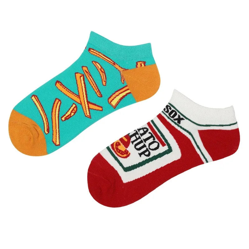 Cotton Blend Unisex Novelty French Fry And Ketchup Pattern Ankle Socks