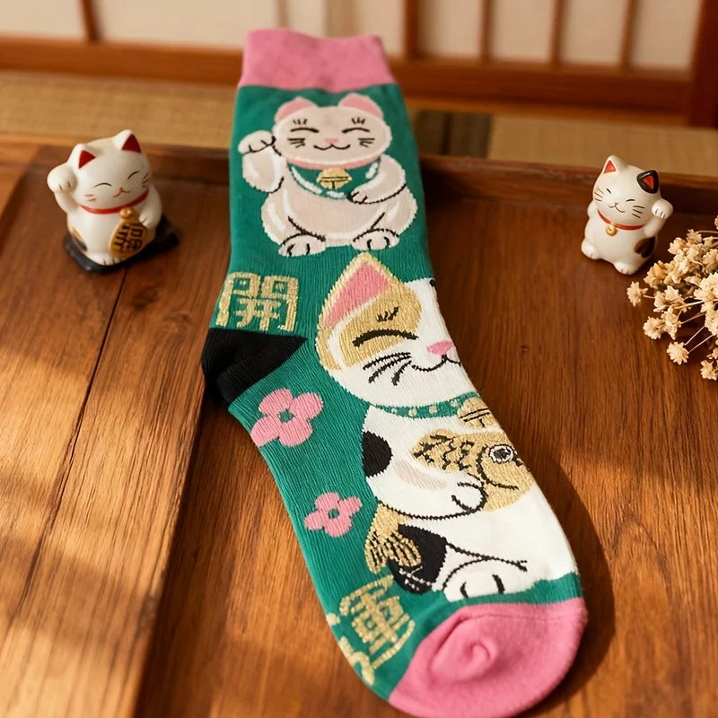 Lucky Fortune Cat Print Cotton Blend Crew Socks - 2
