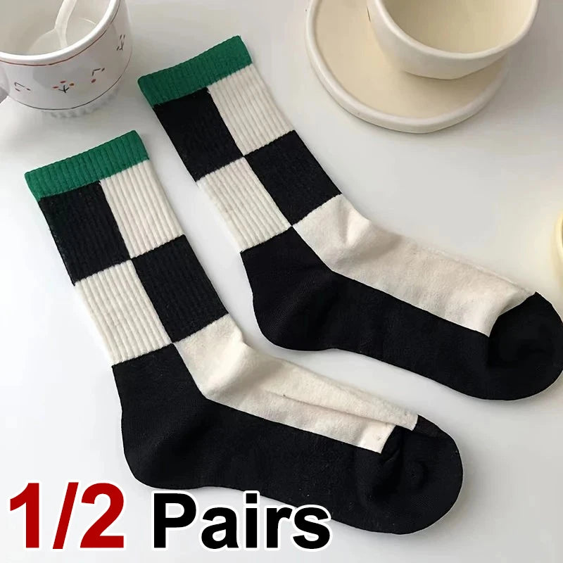 Polyester Elastane Checkerboard Print Casual Middle Tube Socks - 1