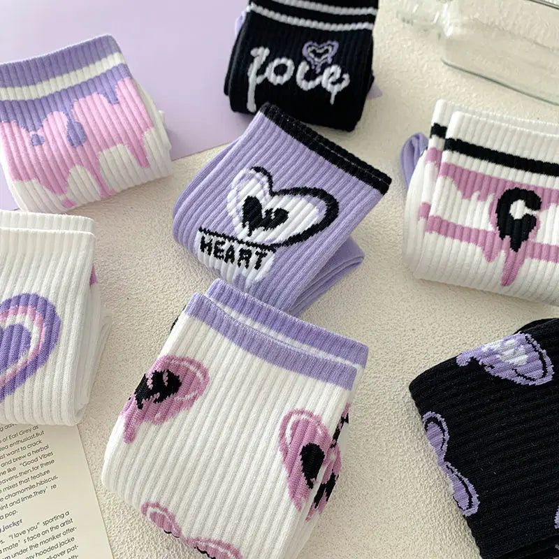 Polyester Elastane Heart Print Mid Tube Socks - 3