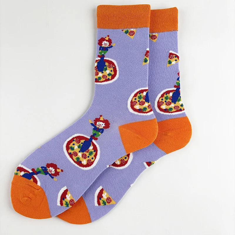 Cotton Blend Clown and Pizza Print Casual Mid Calf Socks