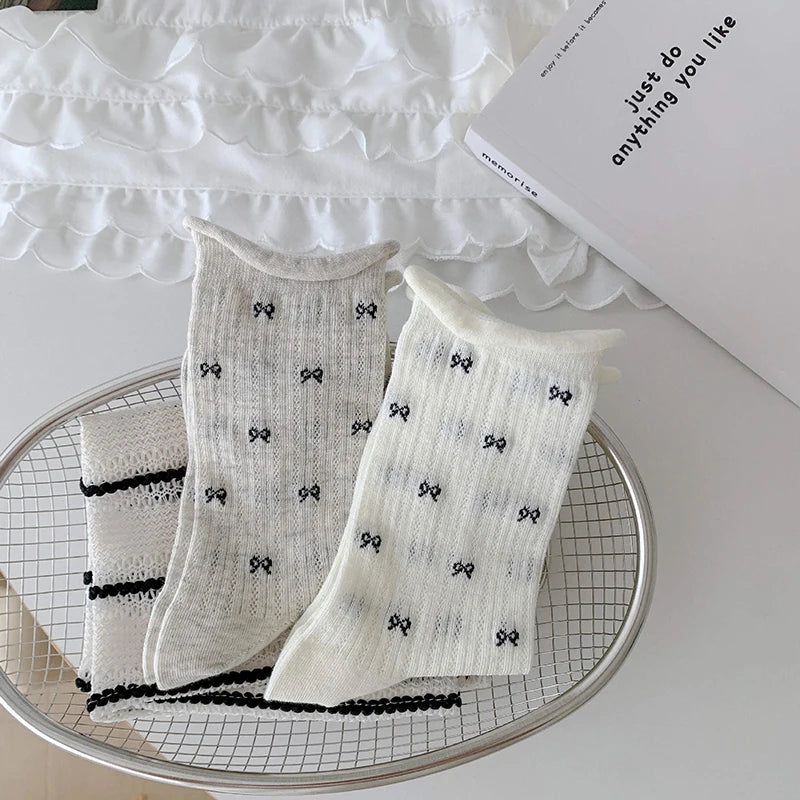 Polyester Spandex Bow Pattern Mid Tube Breathable Casual Socks