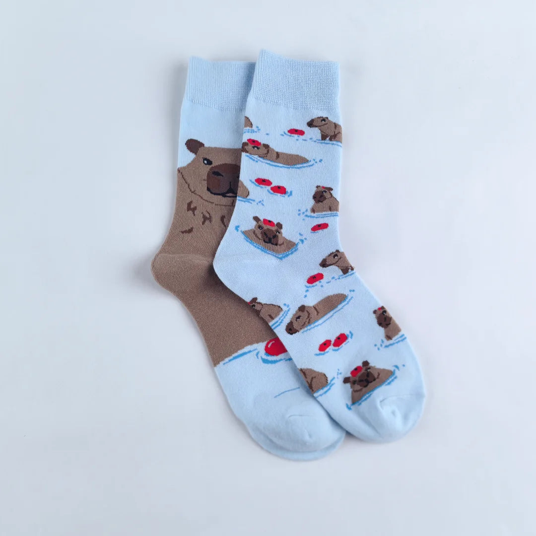 Cotton Blend Capybara Pattern Mid Calf Socks - 3