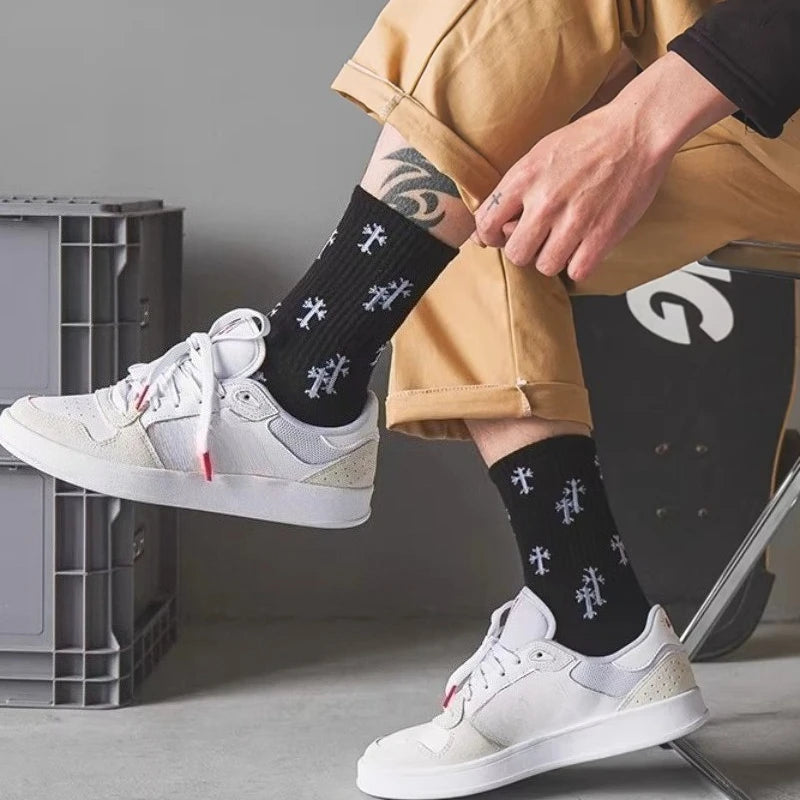 Cotton Cross Pattern Unisex Mid Tube Casual Socks