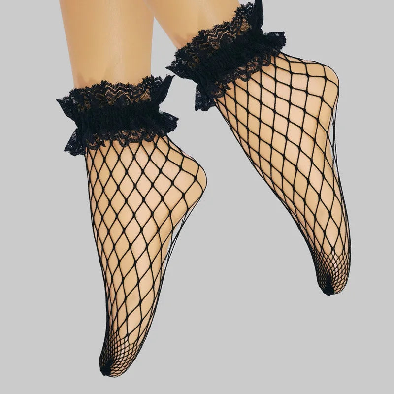 Polyester Nylon Fishnet Lace Trim Ankle Socks