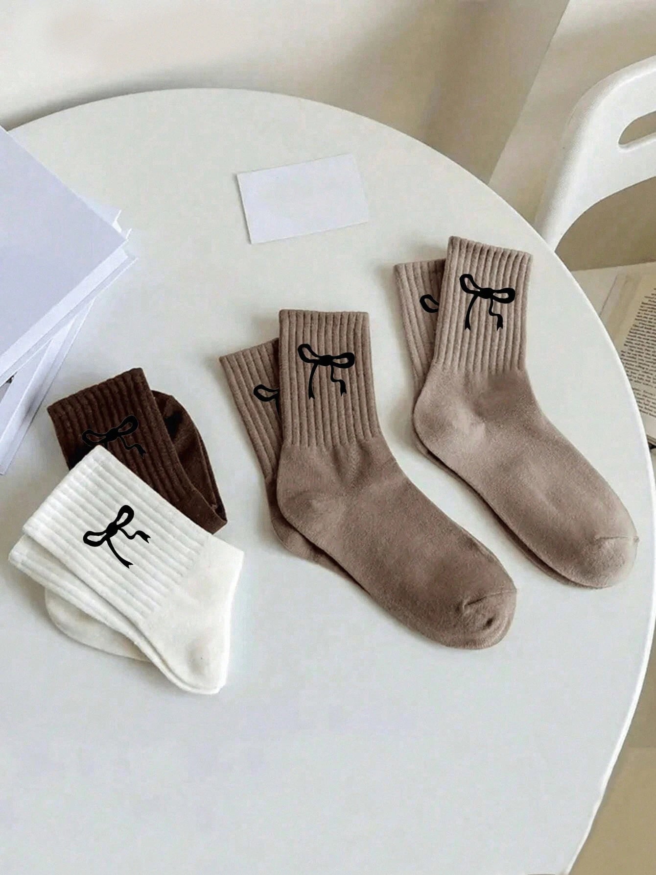 Polyester Elastane Blend Crew Socks Bow Pattern Unisex Footwear - 3