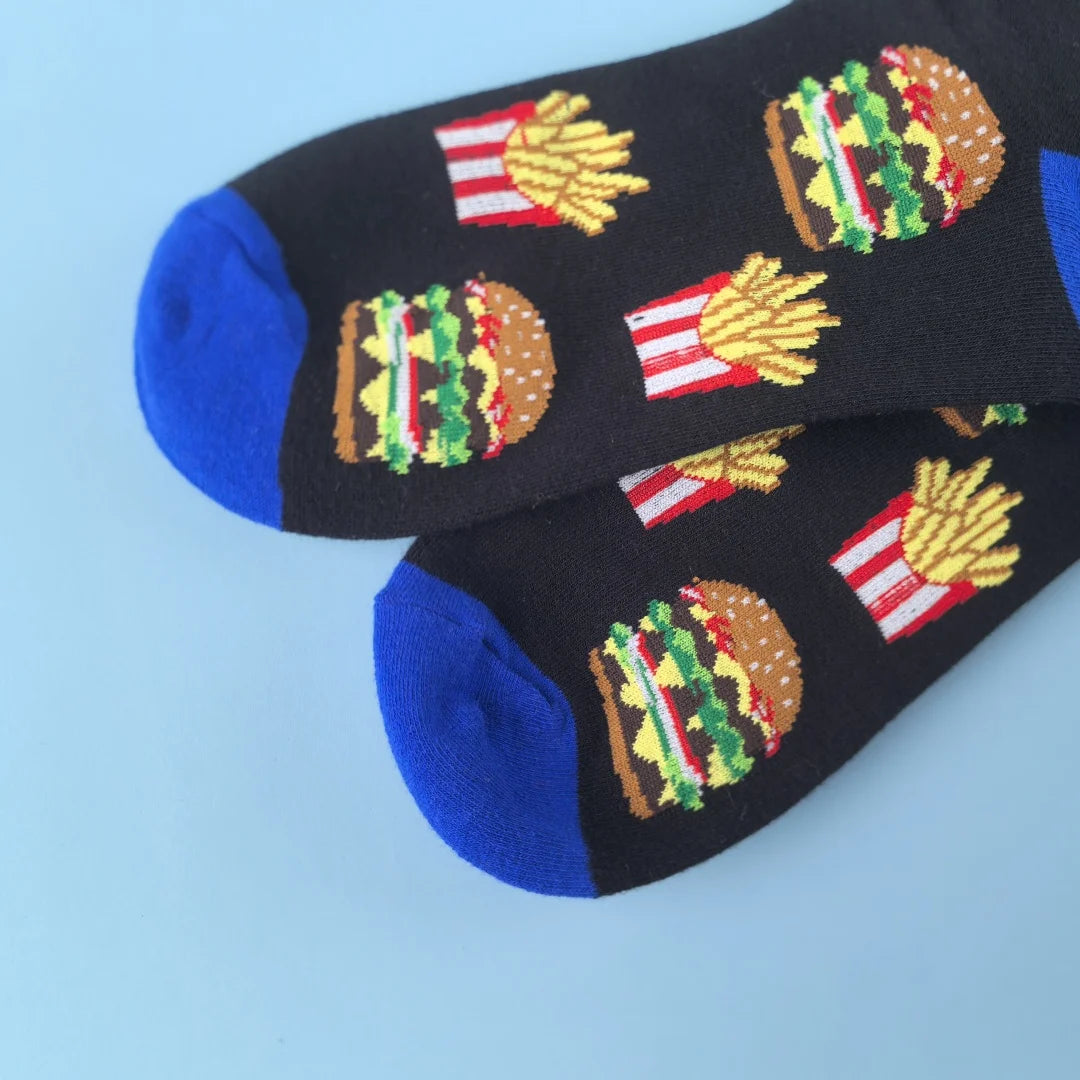 Polyester Elastane French Fry Burger Pattern Crew Socks