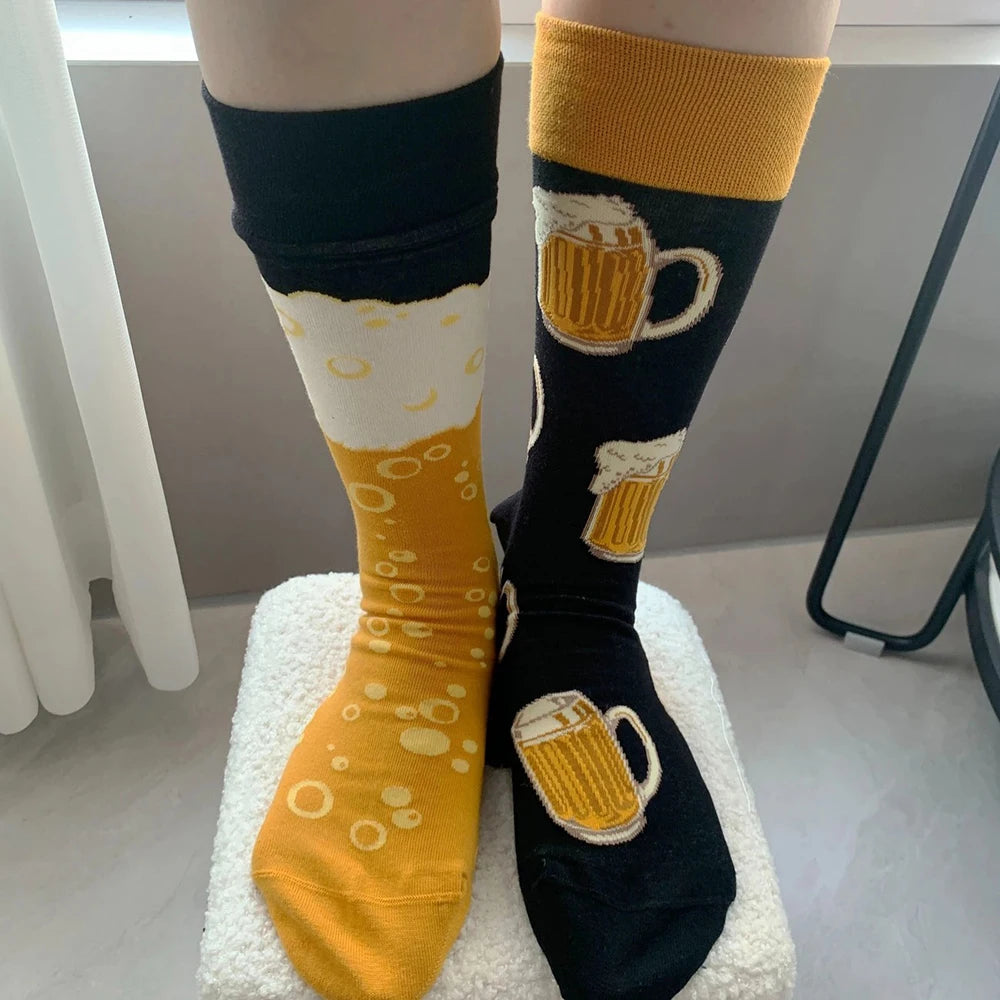Cotton Blend Beer Pattern Crew Socks - 2
