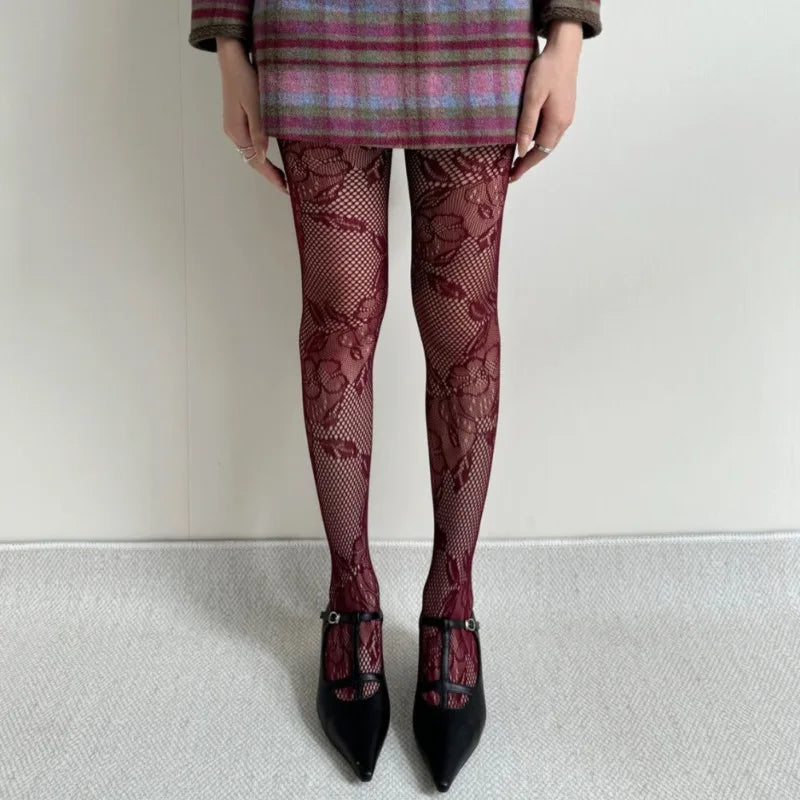 Red Floral Lace Fishnet Pantyhose Stockings