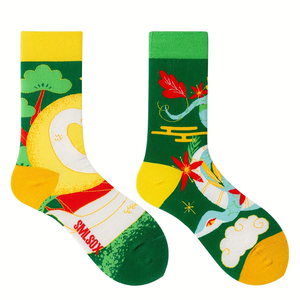Cotton Blend Mid Calf Art Print Casual Socks