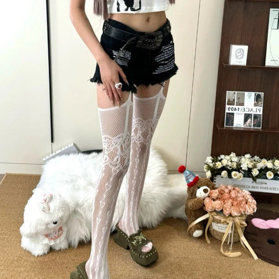 Floral Pattern Fishnet Garter Pantyhose - 10