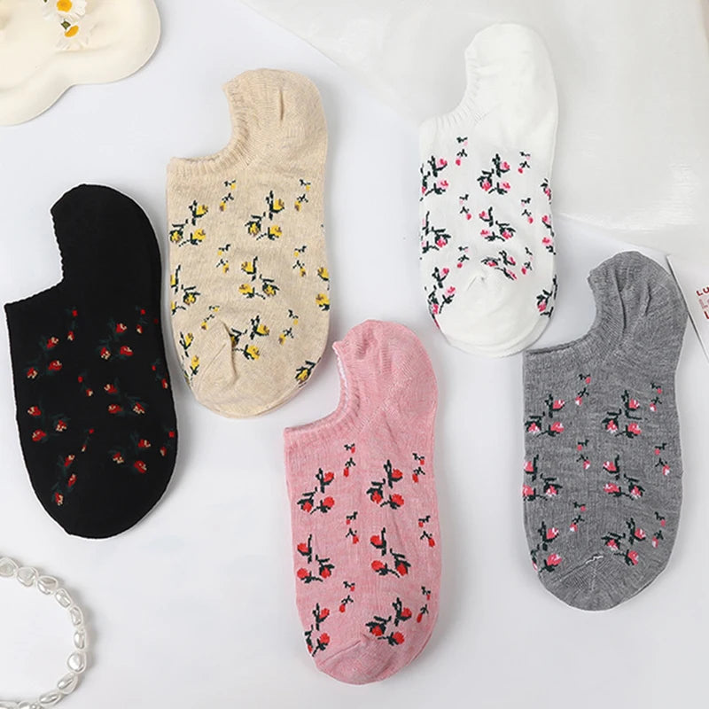 5 Pairs Polyester Elastane Floral Low Cut Boat Socks