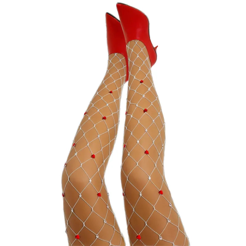 Nylon Heart Rhinestone Fishnet Stockings