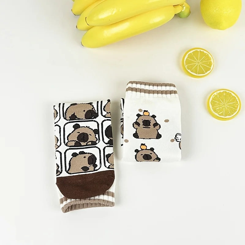 Cotton Blend Capybara Print Mid Calf Socks - 2