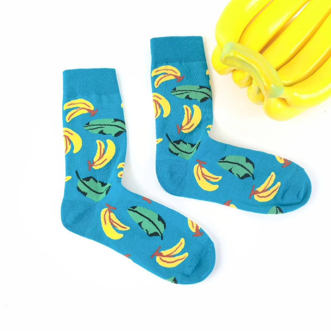 Cotton Blend Banana Print Crew Socks