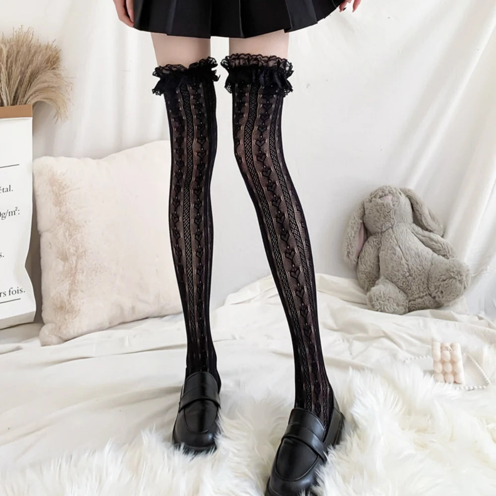 Lace Fishnet Thigh High Stockings Heart Pattern Over Knee Socks - 5