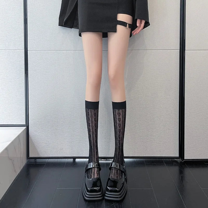 Floral Lace Calf Socks Women Nylon Knit Hosiery - 23