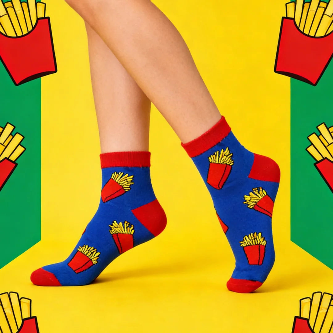 Cotton Blend French Fries Print Casual Socks - 1
