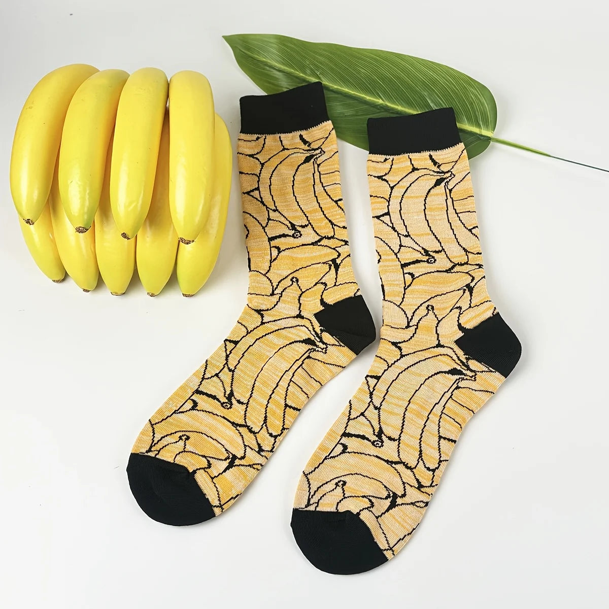 Cotton Blend Banana Print Mid Calf Socks