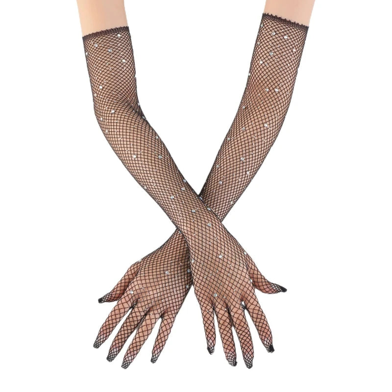 Polyester Elastane Mesh Rhinestone Long Gloves