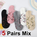 5 Pairs Polyester Elastane Floral Low Cut Boat Socks