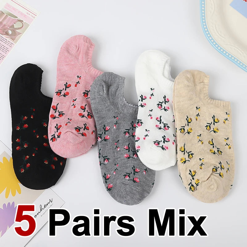 5 Pairs Polyester Elastane Floral Low Cut Boat Socks