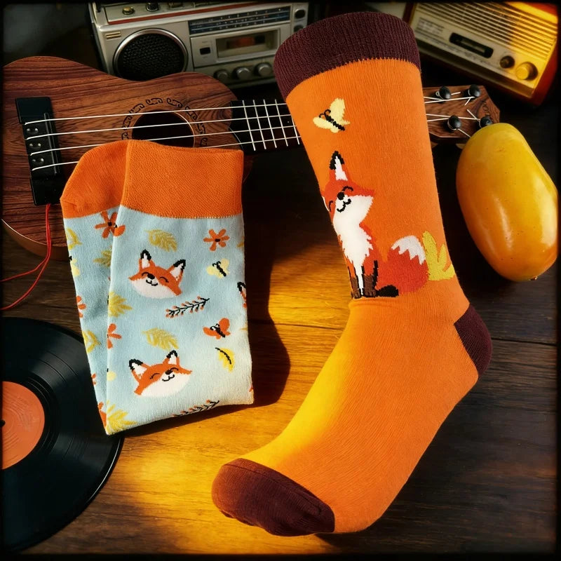 Cotton Blend Fox Print Casual Mid Calf Socks - 1